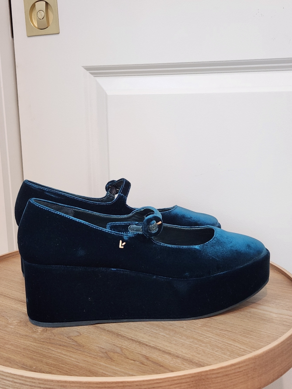 Larroude Velvet Platform Mary Janes - Dark Blue Green NWT